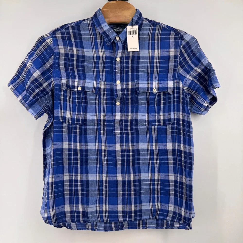 Polo Ralph Lauren Button Up Mens XL Blue Plaid Linen Short Sleeve Popover Shirt